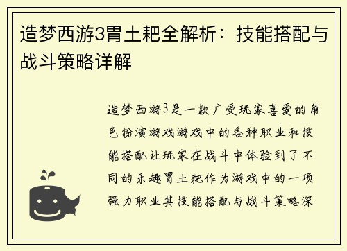 造梦西游3胃土耙全解析：技能搭配与战斗策略详解