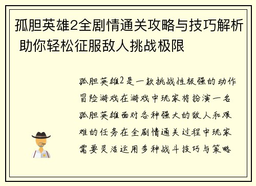 孤胆英雄2全剧情通关攻略与技巧解析 助你轻松征服敌人挑战极限